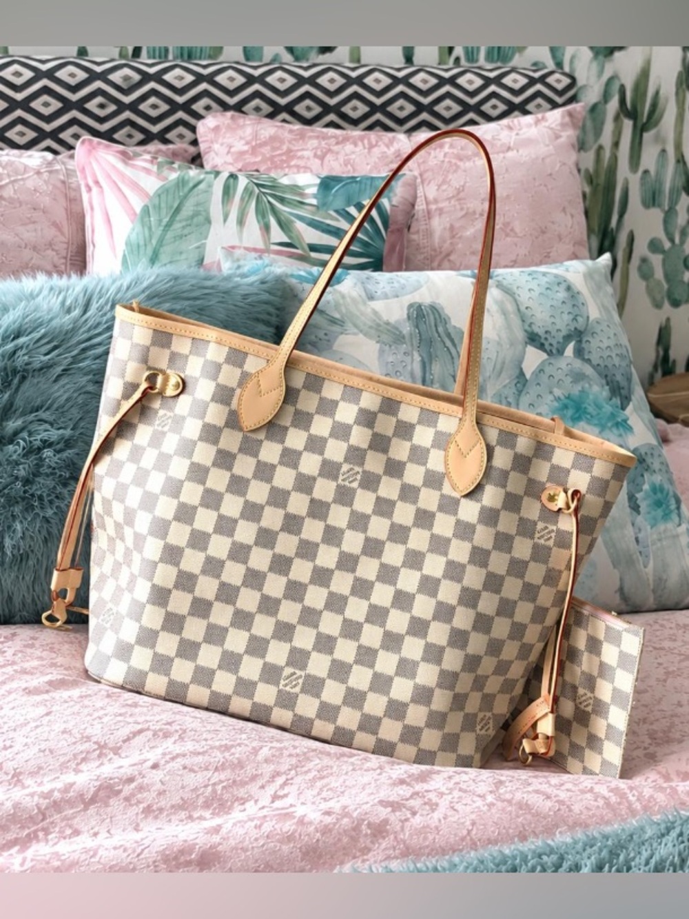 Designer Checker Canvas Tote in Cream and Light Beige